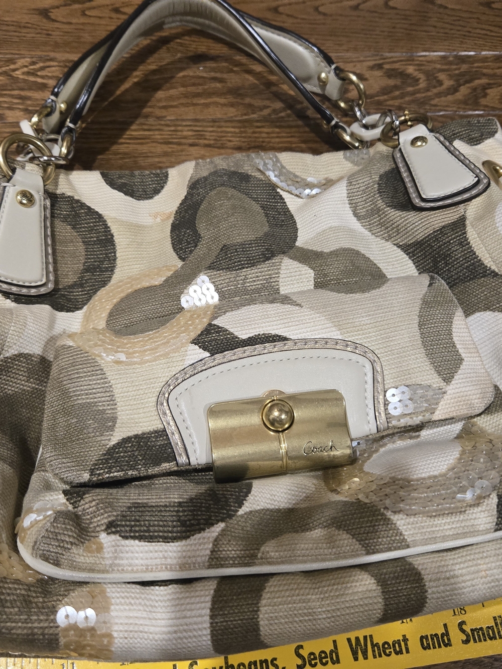 Coach Beige and Cream Signature Canvas Shoulder Bag with Gold Turnlock